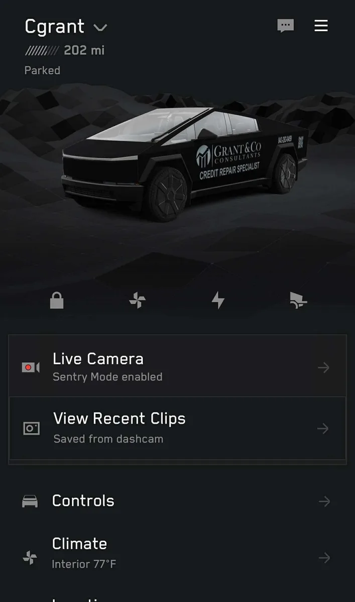Grant and Company digital Cybertruck wrap displayed in the Tesla mobile app