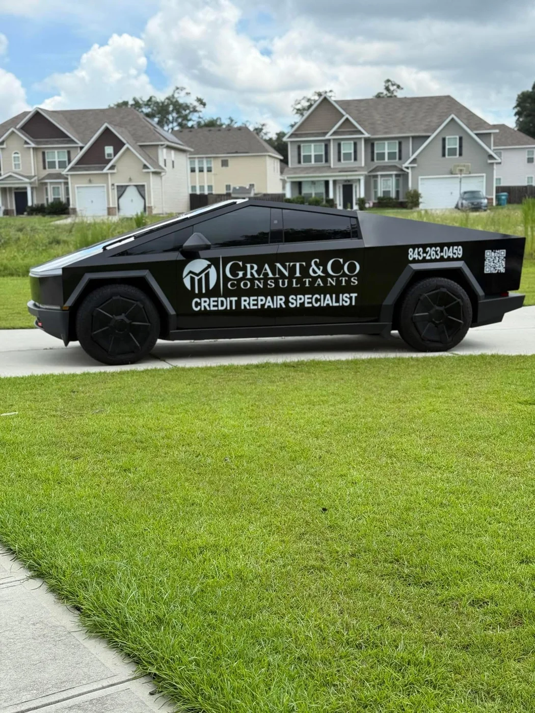Grant and Company branded Cybertruck with its finished physical wrap