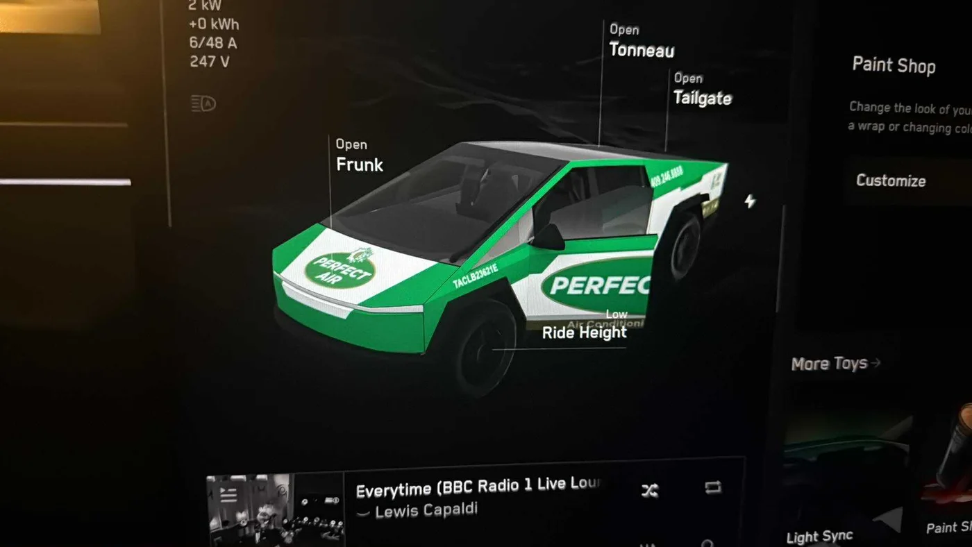 Green and white Perfect Air Cybertruck wrap preview on a Tesla screen